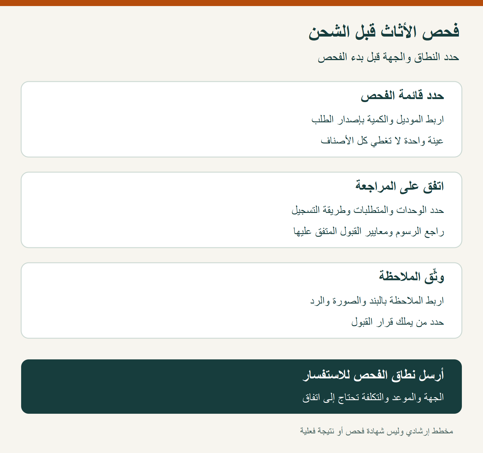 تحديد نطاق فحص الأثاث قبل الشحن وتوثيق الملاحظات وجهة القرار