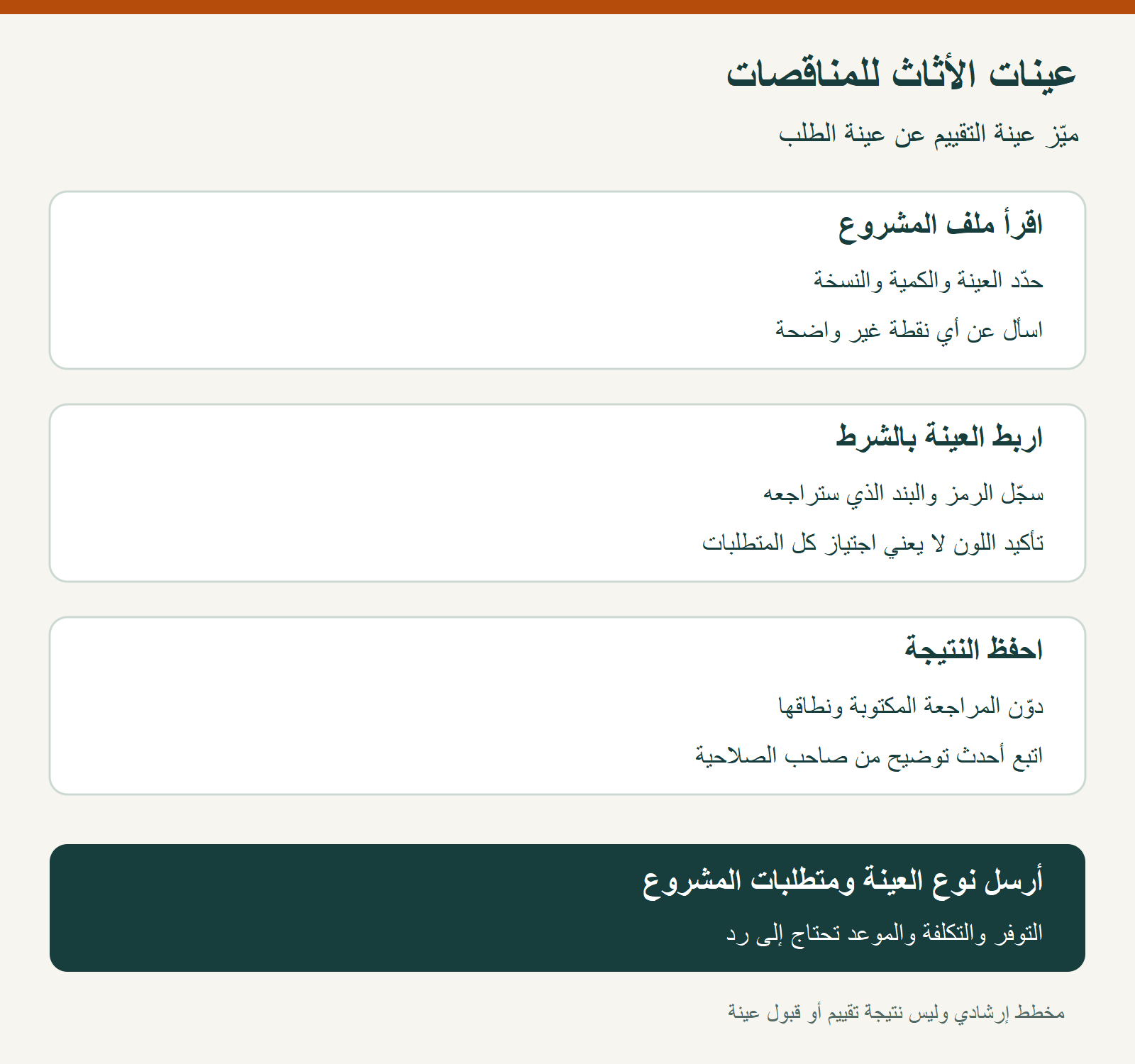 عينات المناقصات: اقرأ الملف واربط العينة بالشرط ثم احفظ نتيجة المراجعة